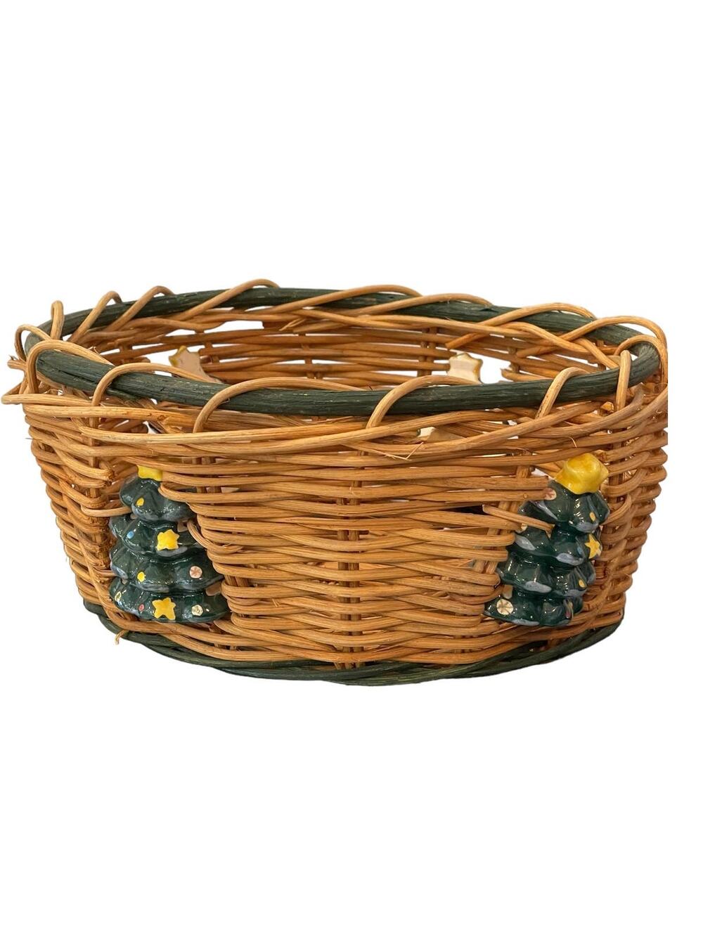 Decorative Round Wicker Holiday Basket with Ceramic Christmas Trees
